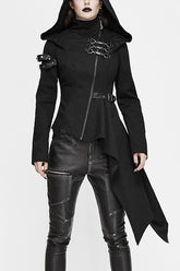 Schwarze Punkjacke für Damen mit asymmetrischem Reißverschluss und Kapuze